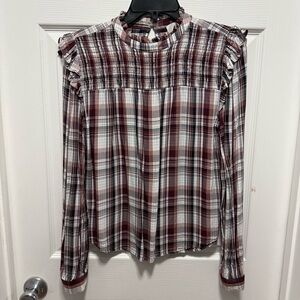 LOFT Burgundy and White Plaid Ruffle Yoke Long-Sleeve Top